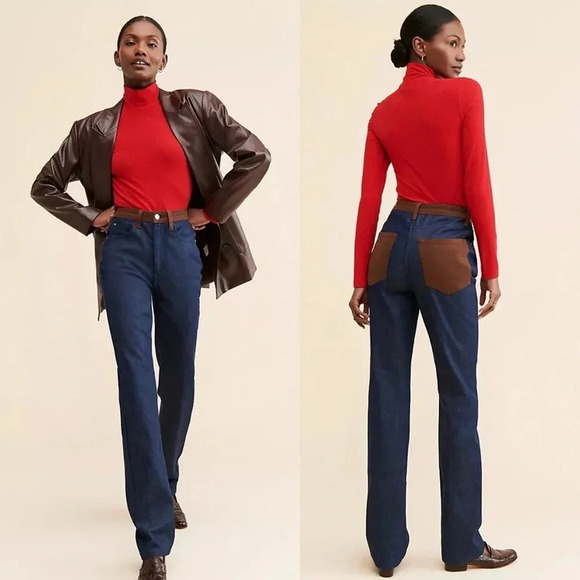 WeWoreWhat Icon Straight Leg Jean Size 31 Blue Denim with Brown Accent Pockets - Picture 11 of 11